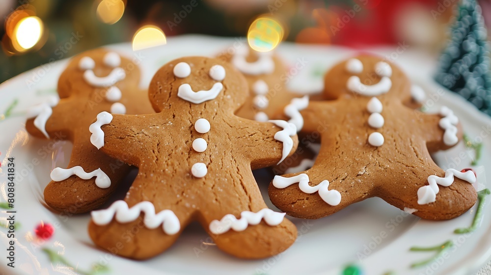 Homemade festive delicious gingerbread man cookies with white icing on a white plate Homemade festive delicious gingerbread man cookies with white icing on a white plate