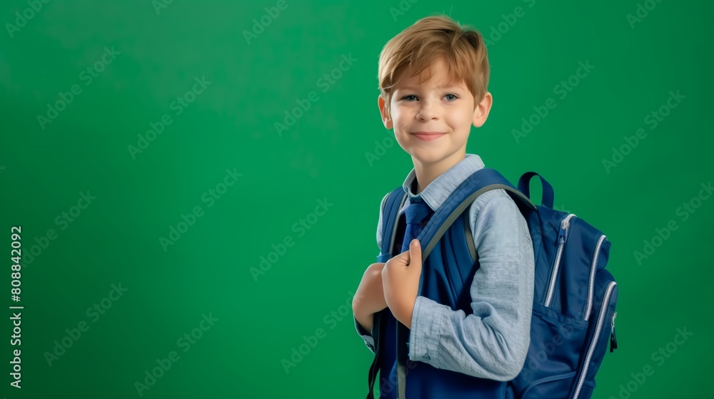 Portrait of happy boy from elementary school with schoolbag on green background. Back to school Portrait of happy boy from elementary school with schoolbag on green background. Back to school