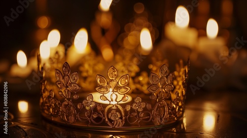 A regal crown crafted from golden filigree, reflecting shimmering candlelight. © Abdul
