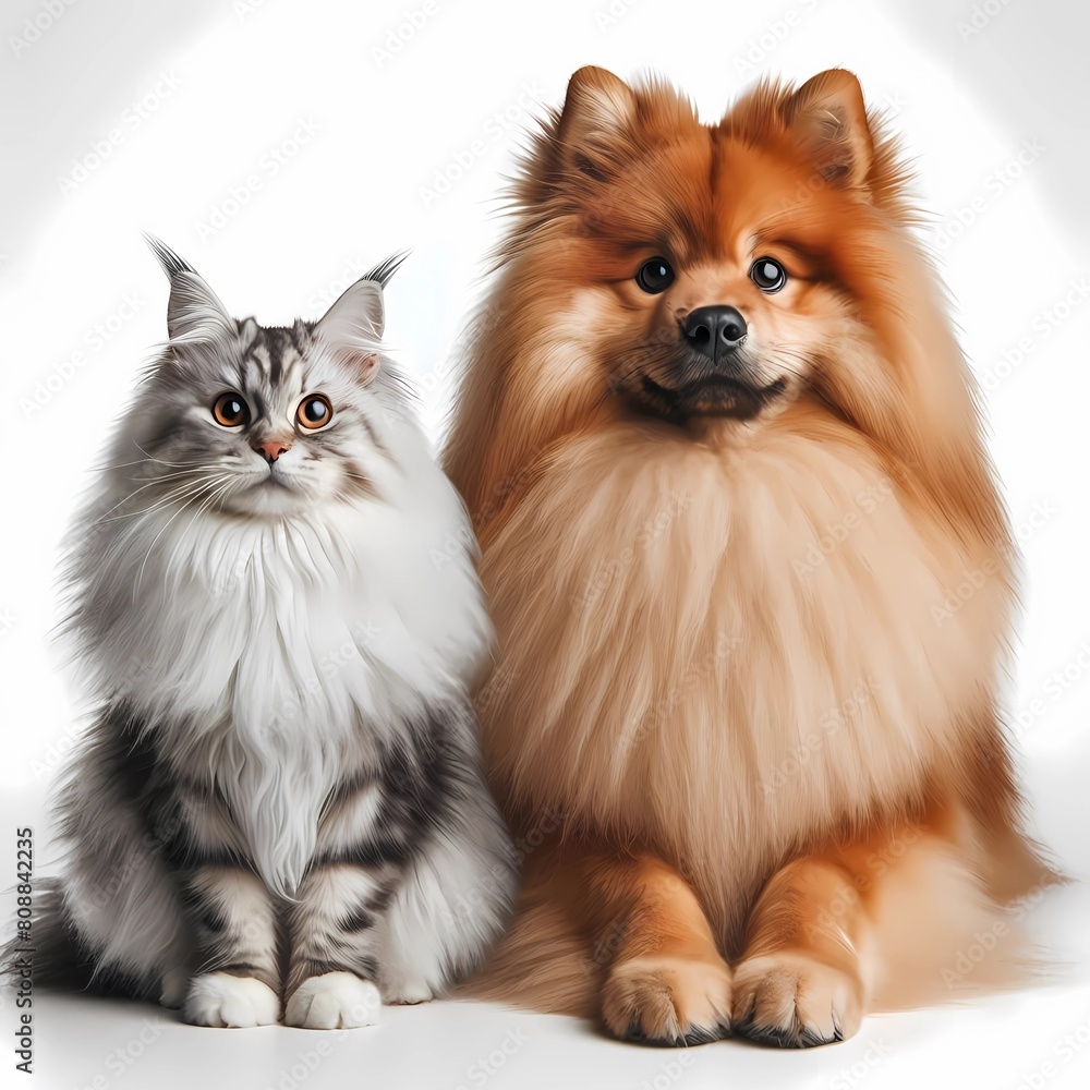 pomeranian spitz dog with cat, generative ai