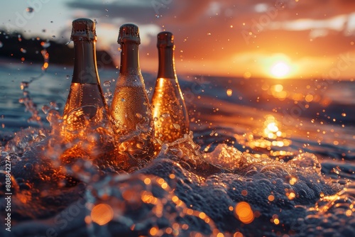 Three Champagne bottles are elegantly presented in the ocean at sunset with waves splashing photo