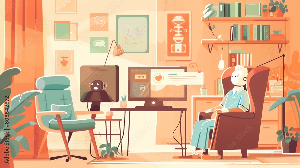 A cozy scene of a chatbot interacting with an elderly person via a computer screen, offering companionship A cozy scene of a chatbot interacting with an elderly person via a computer screen, offering companionship