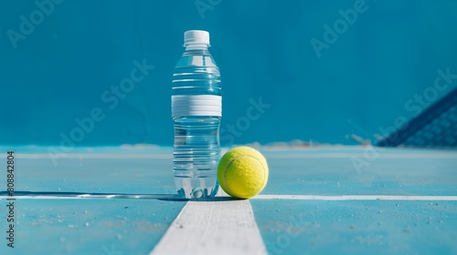 Bottle of water and tennis ball on the clay tennis court. Sporty lifestyle , equipment for tennis
