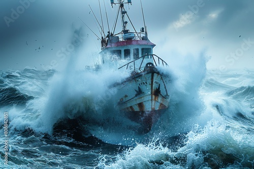 A powerful image of a fishing vessel enduring a massive wave, portraying the struggle against nature's might