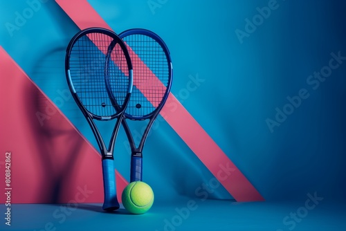 Tennis racquets with tennis ball isolated on court on blue and pink background, tennis equipment