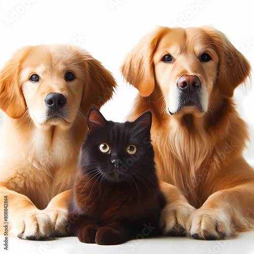 group of 2 dogs golden retriever and black cat  generative ai