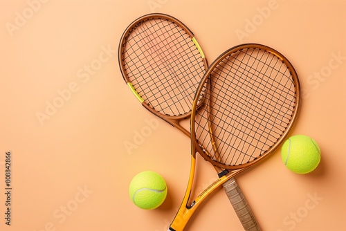Tennis racquets with tennis balls isolated on court on peach background, tennis equipment