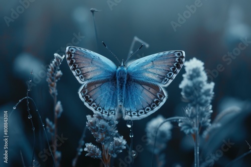 Close-up of a blue butterfly with open wings perched on damp flora under a moody, blue-toned light © anatolir