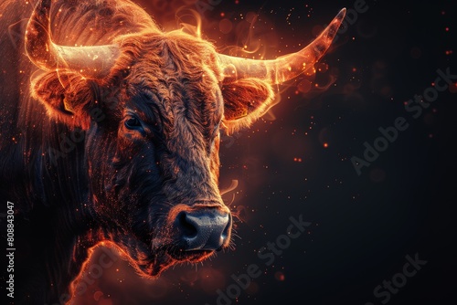 A vivid representation of a bull with horns illuminated by a red glow, highlighting its strong profile