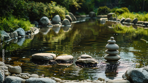 Tranquil Pond with Ying Yang Symbol Representing Balancing Forces  