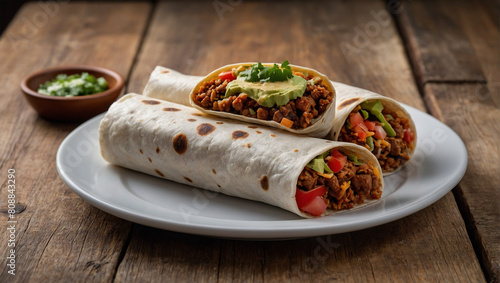 Image of a plate of burritos placed on a white plate on a wooden table 69