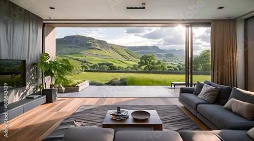 A cozy room with a beautiful landscape view