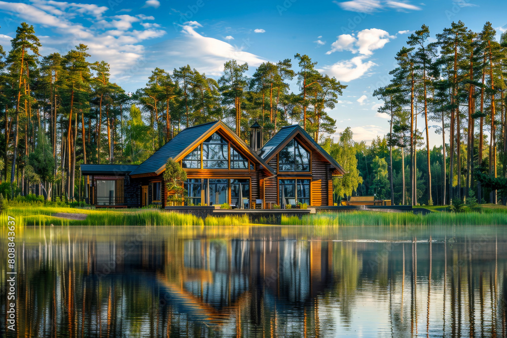 Fototapeta premium Luxurious lakeside house with reflection in water