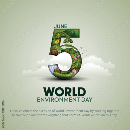 world environment day poster. green plant and 5 letter. abstract vector illustration design.
