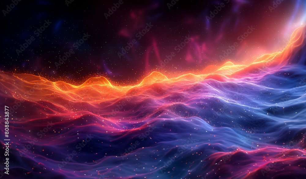 Abstract digital background with colorful glowing lines forming waves and hills, representing data visualization in the style of technology or science.
Colorful gradient lines and glowing dots.