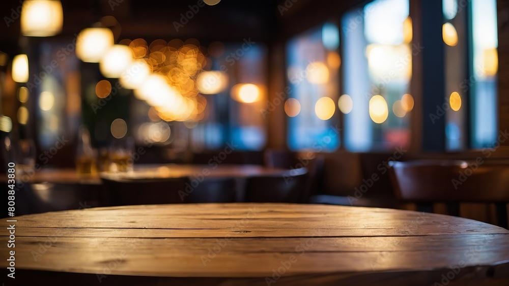 Wooden table background of blurred restaurant lights, establishment, template, copy space.