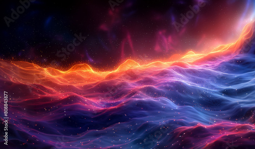 Abstract digital background with colorful glowing lines forming waves and hills  representing data visualization in the style of technology or science. Colorful gradient lines and glowing dots.