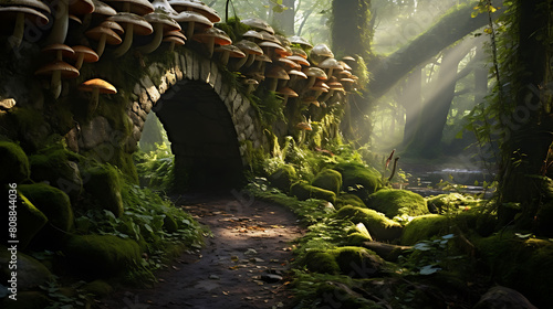 Agaricus mushrooms lining a path leading to an ancient  ivy-covered stone bridge in a misty forest.