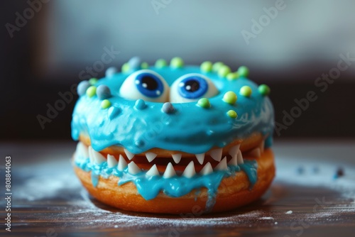A creatively decorated donut with a monster face, blue icing, and colorful sprinkles