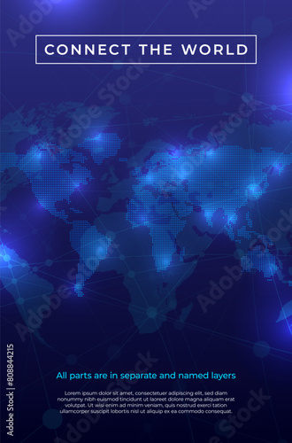 Global communication and abstract technology background with world map on blue background