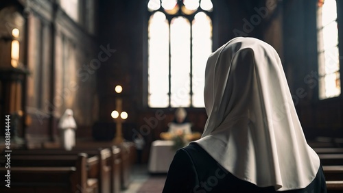 Nun in church, prayer, religion, kind of szadi. photo