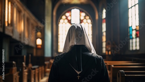 Nun in church, prayer, religion, kind of szadi. photo