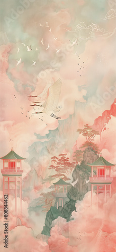 Tranquil Landscape: Cranes Flying Over Green-Pink Mountains and Pavilions photo