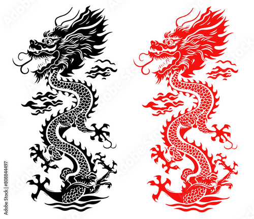 chinese dragon black and red vector  shape  decoration  colorless  monochrome  transparent  silhouette  sketch