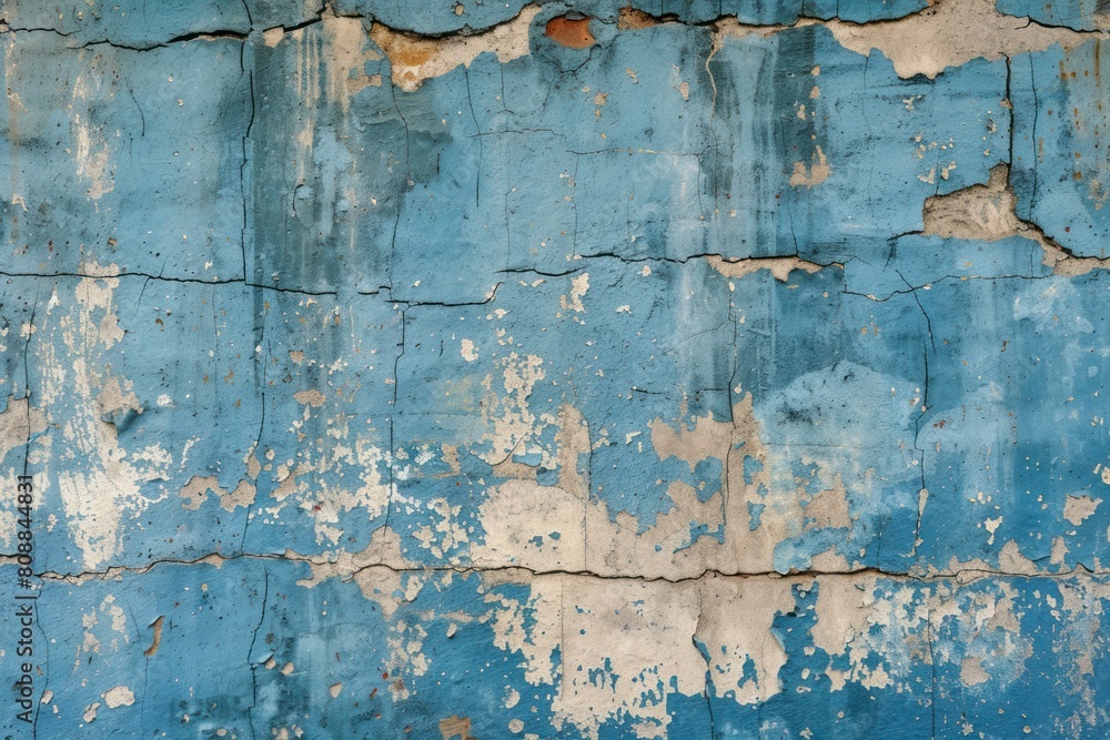 Weathered texture of a cracked and peeling blue paint on an old wall surface