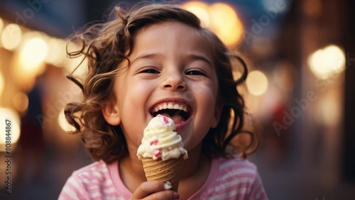 Portrait of happy child eating ice cream  summer time  copy space.