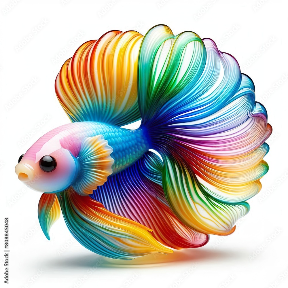 A stunning blown glass sculpture of a playful, cute Betta fish with seamlessly blended rainbow colors, white background A stunning blown glass sculpture of a playful, cute Betta fish with seamlessly blended rainbow colors, white background