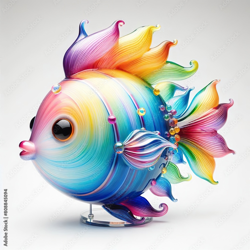 A stunning blown glass sculpture of a playful, cute Guppy fish with seamlessly blended rainbow colors, white background A stunning blown glass sculpture of a playful, cute Guppy fish with seamlessly blended rainbow colors, white background