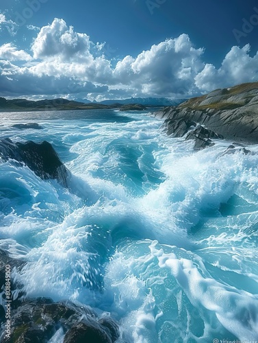 Waves of water of the river and the sea meet each other during high tide and low tide Whirlpools of the maelstrom of Saltstraumen, Nordland, Norway photo