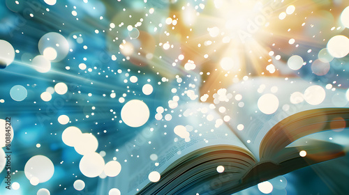 An open book on a blue backdrop, surrounded by a mystic glow and sparkling lights suggesting magic or discovery. photo