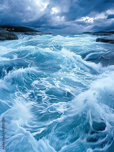 Waves of water of the river and the sea meet each other during high tide and low tide Whirlpools of the maelstrom of Saltstraumen, Nordland, Norway photo