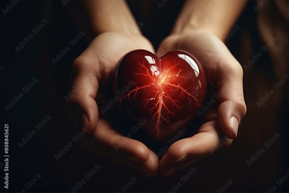 Luminous heart in hands, concept of life, medicine, health. Luminous heart in hands, concept of life, medicine, health.