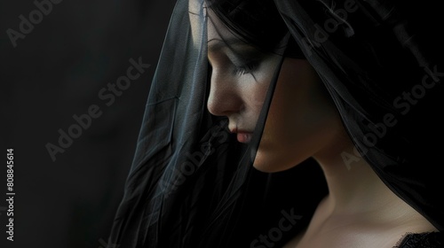 Elegant Woman with Black Veil in Moody Portrait
