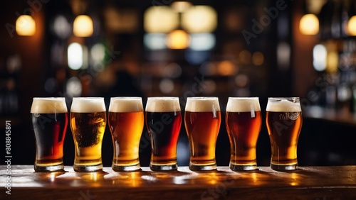 A row of glasses of different beers at the bar.