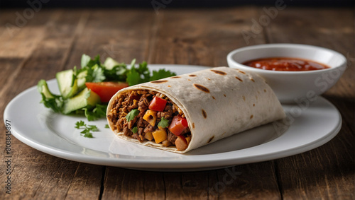 Image of a plate of burritos placed on a white plate on a wooden table 61