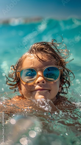 the essence of summer joy, a playful child wearing sunglasses, swimming in the sea. Embrace the carefree and joyful vibes of summertime fun © growth.co