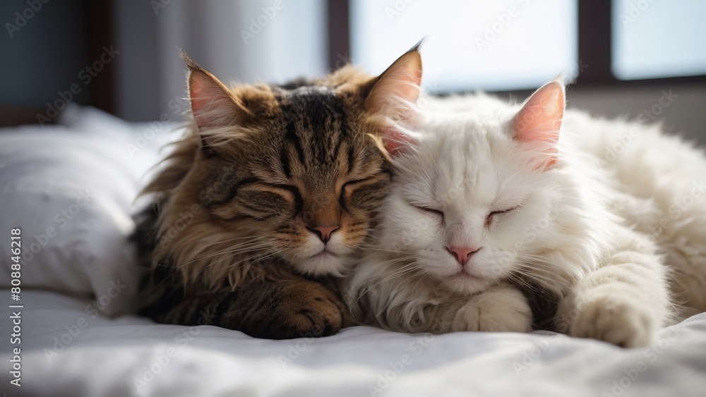 Two fluffy cats sleeping together on a bed.