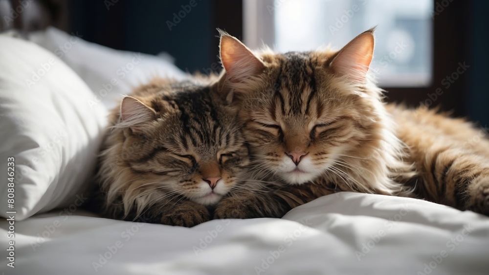 Two fluffy cats sleeping together on a bed. Two fluffy cats sleeping together on a bed.