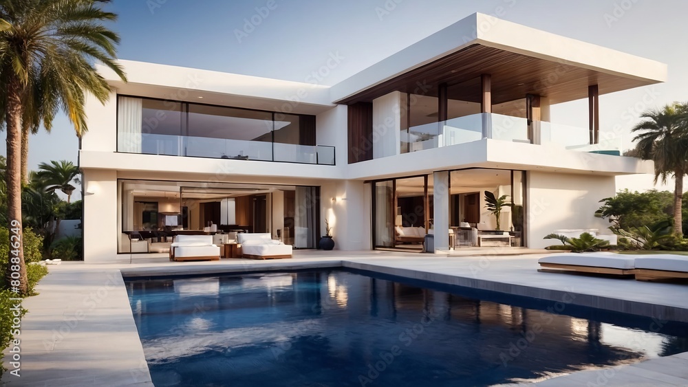 Modern stylish villa with a swimming pool in the courtyard.