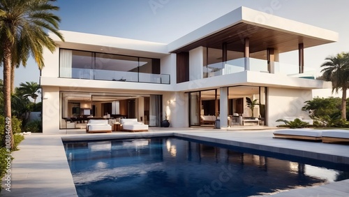 Modern stylish villa with a swimming pool in the courtyard. © Plutmaverick