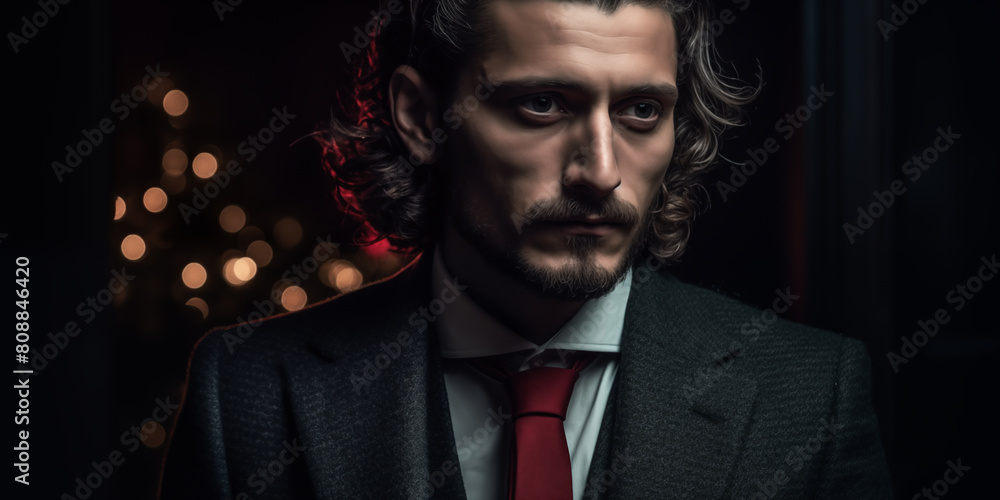 Fototapeta premium Handsome Man in Classic Italian Suit, white shirt and necktie at party. Portrait of a Businessman on a Black Background