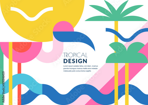 Summer tropical abstract color block geometric background. Beach vacation flat symbols. Vector print, banner, poster, greeting card design with palms and flamingo photo