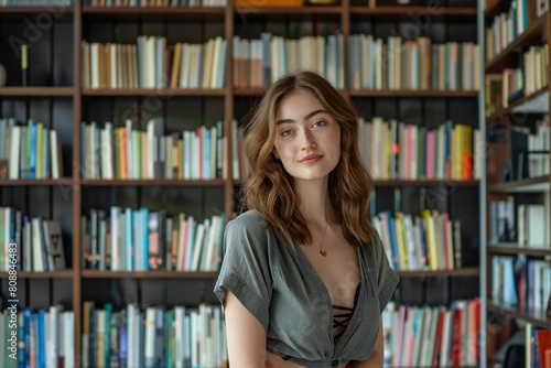 Young Caucasian Woman Posing in Front of Modern Home Library Display Full of Diverse Book Collection - Collage Background Template