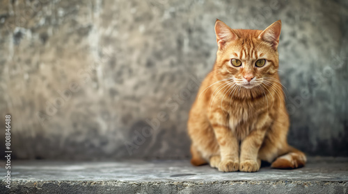 Orange tabby cat sitting alertly on a concrete surface, with a focused gaze and a serene urban backdrop. photo