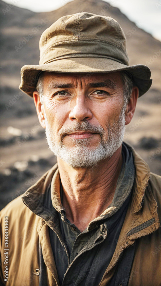 A man in his 60's with a gray beard wearing a bucket hat looks at the camera.  Out of focus mountainous background. Tourist concept.