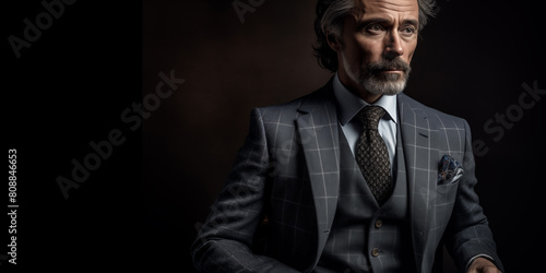 Elegant Man in Classic Italian Suit. Portrait of a Businessman on a Black Background  copy space